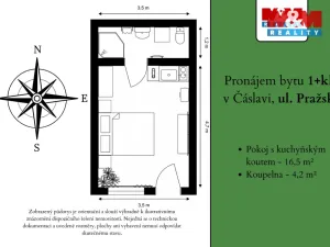 Pronájem bytu 1+kk, Čáslav - Čáslav-Nové Město, Pražská, 21 m2