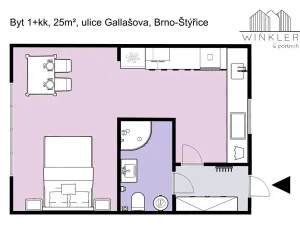 Prodej bytu 1+kk, Brno, Gallašova, 28 m2