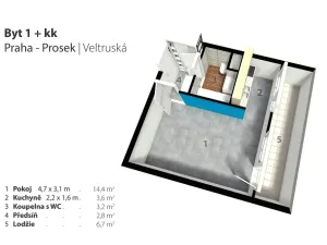 Prodej bytu 1+kk, Praha - Prosek, Veltruská, 33 m2
