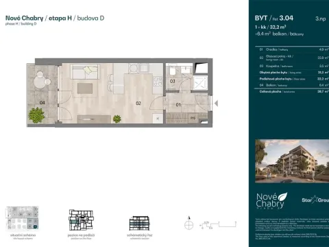 Prodej bytu 1+kk, Praha - Dolní Chabry, Dvorní, 32 m2